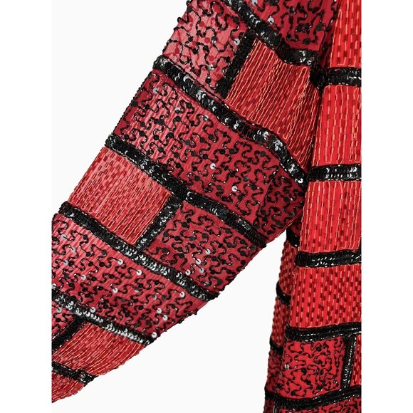 VTG Women 2X Bold Sequin Silk Red Black Beaded Geometric Retro 38" Long Jacket - Picture 3 of 11